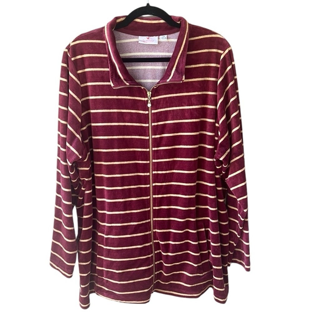 Quacker Factory 2X Velvet Burgundy Gold Stripe Zip Up Cardigan Sweater Game Day